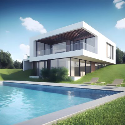 3d rendering of modern house with swimming pool and blue sky background